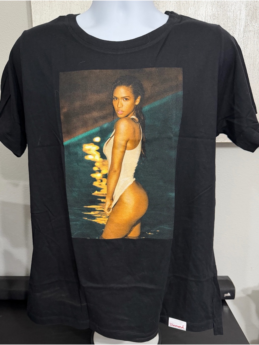 Diamond Supply Co. Black Tee with Photo Graphic of Woman in White Swimsuit